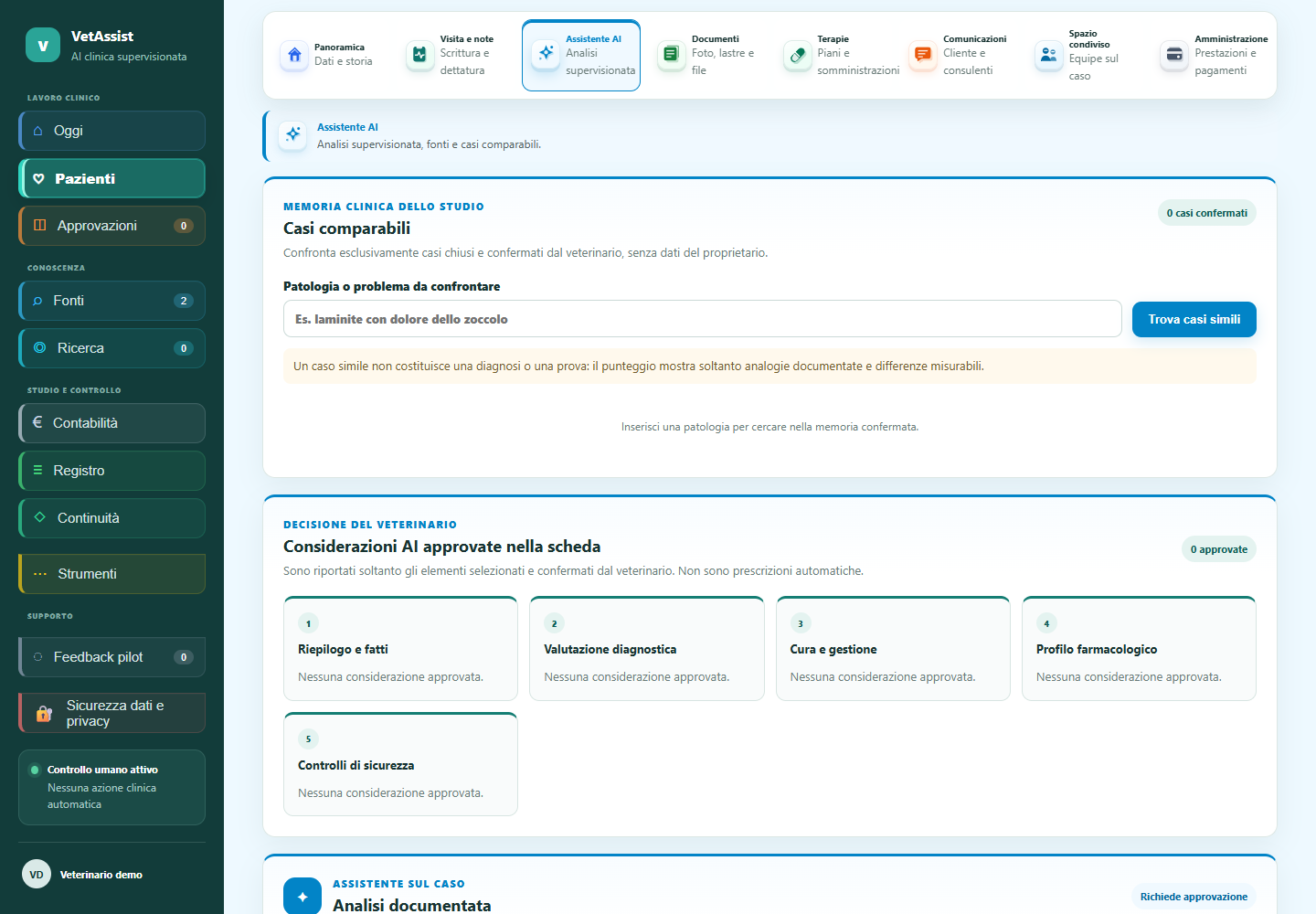 Schermata del progetto VetAssist: casi comparabili e proposte dell’assistente da approvare